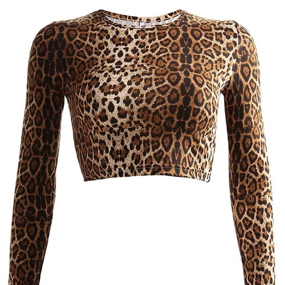 Leopard Cheetah Animal Print Crop Top Long Sleeve - Picture 4 of 4